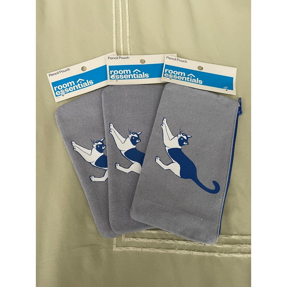 Room Essentials Blue Kitty Cat Canvas Pencil Bag Set - Set of 3